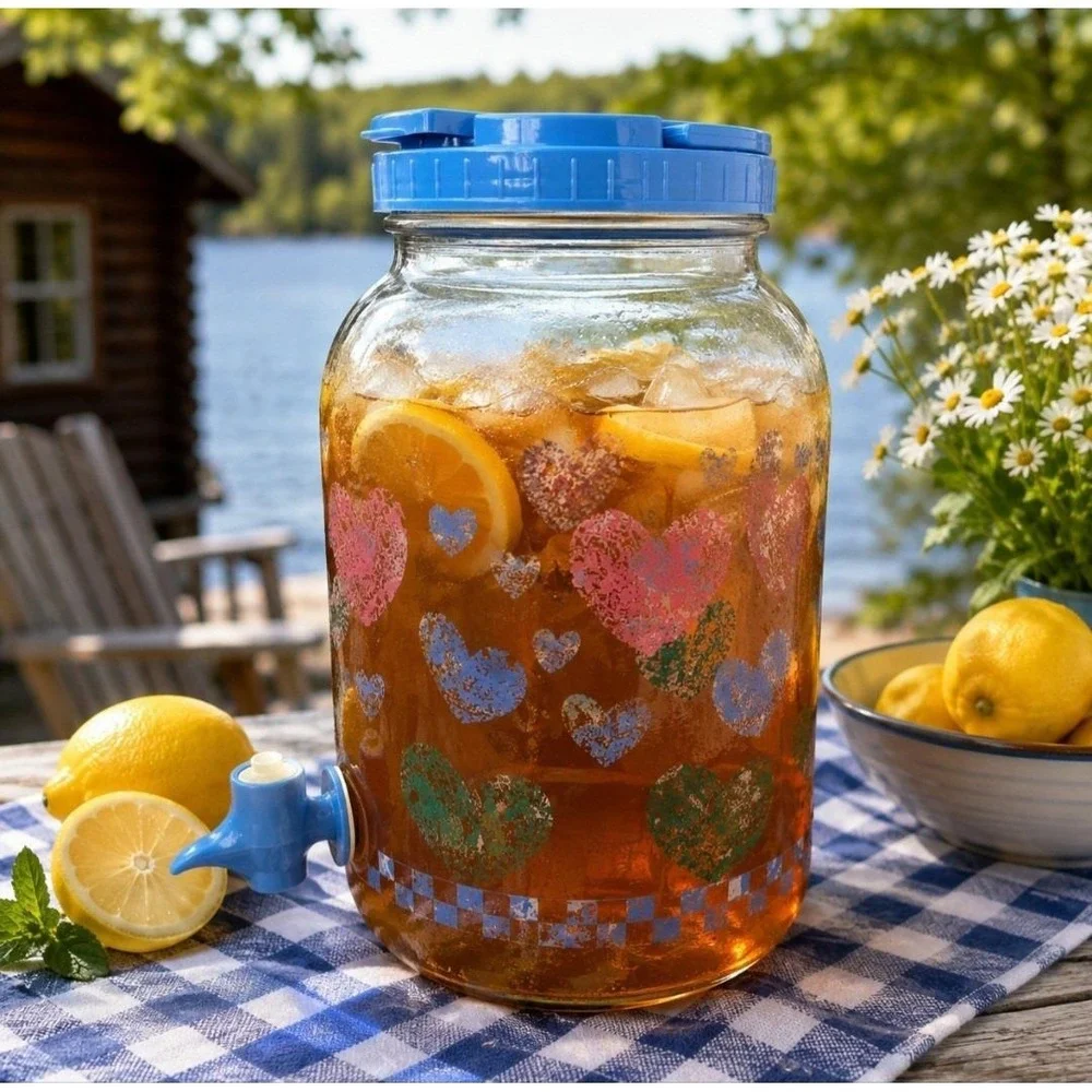 Country Hearts & Checkers Glass Sun Tea Jar W Blue Plastic Lid & Spigot Vtg 80s